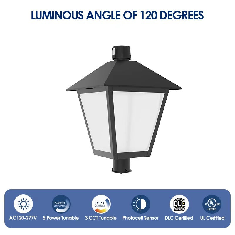 High-output LED lantern post top light illustrating a 120 degree luminous angle