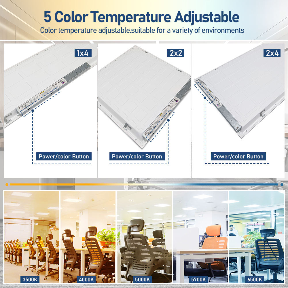 LED panel CCT selector switches and five color temperatures from 3500K to 6500K