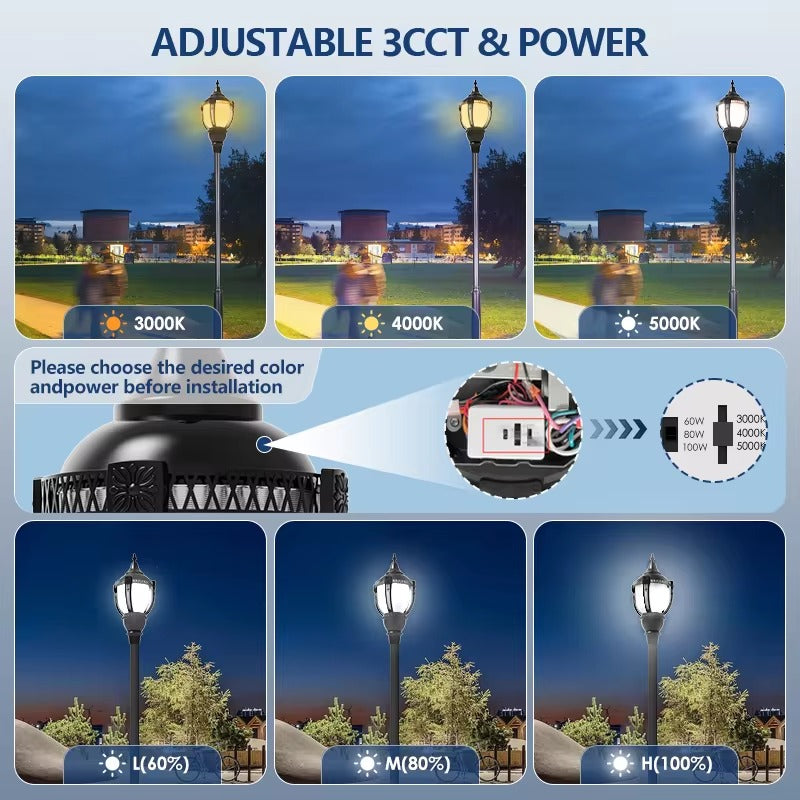 LED acorn post top light with selectable wattage and 3000K 4000K and 5000K