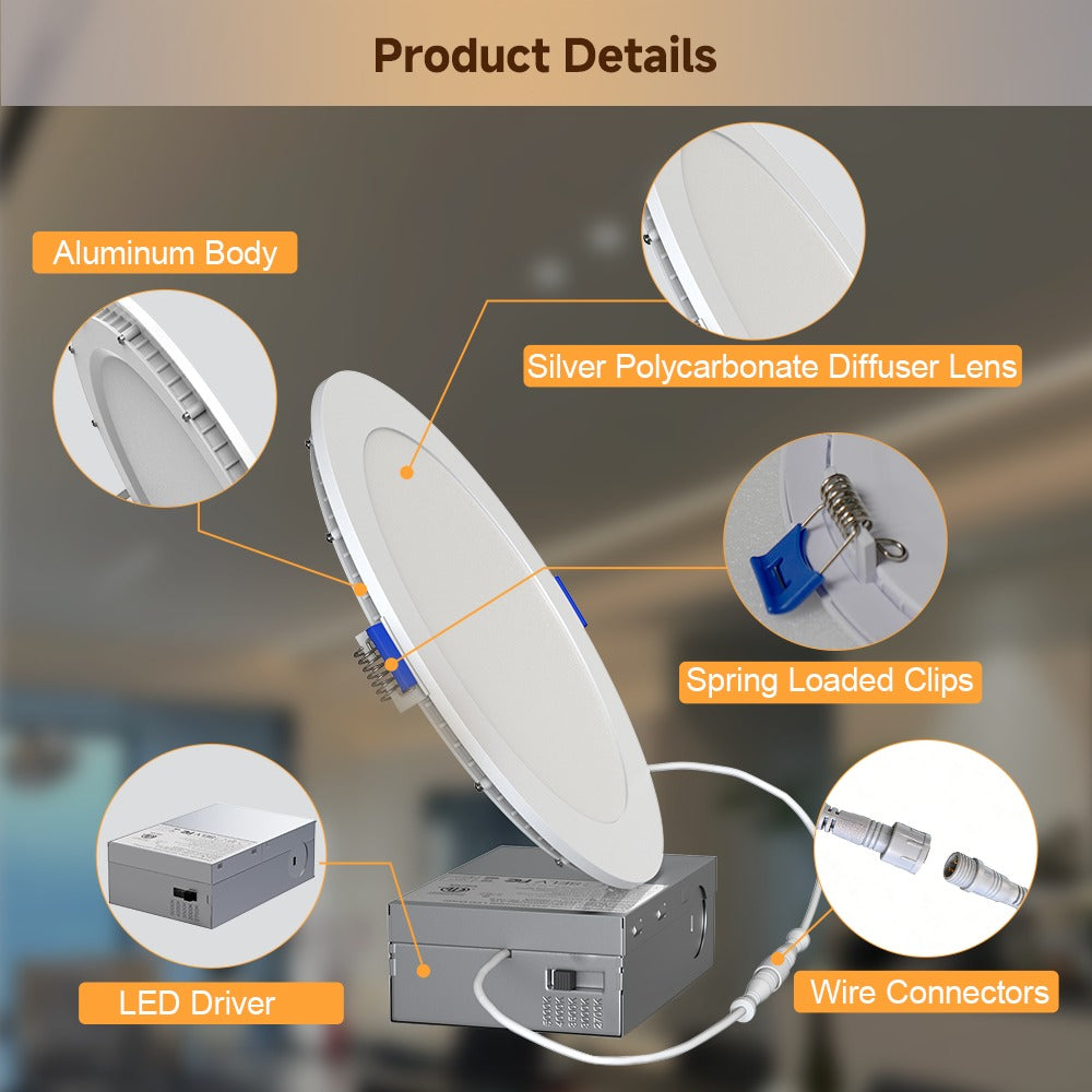 LED recessed light components showing aluminum housing, polycarbonate diffuser, spring clips and driver connectors
