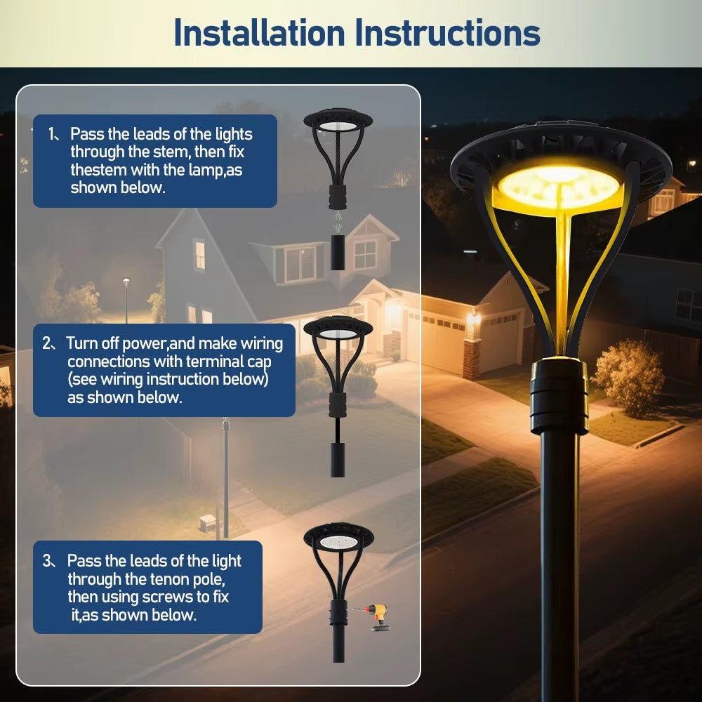 Three-step pole installation instructions for a commercial LED post top light