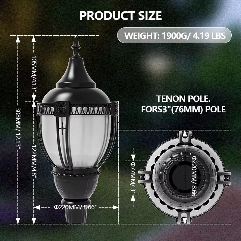 100W selectable LED acorn post top light dimensions for a 3 inch pole tenon