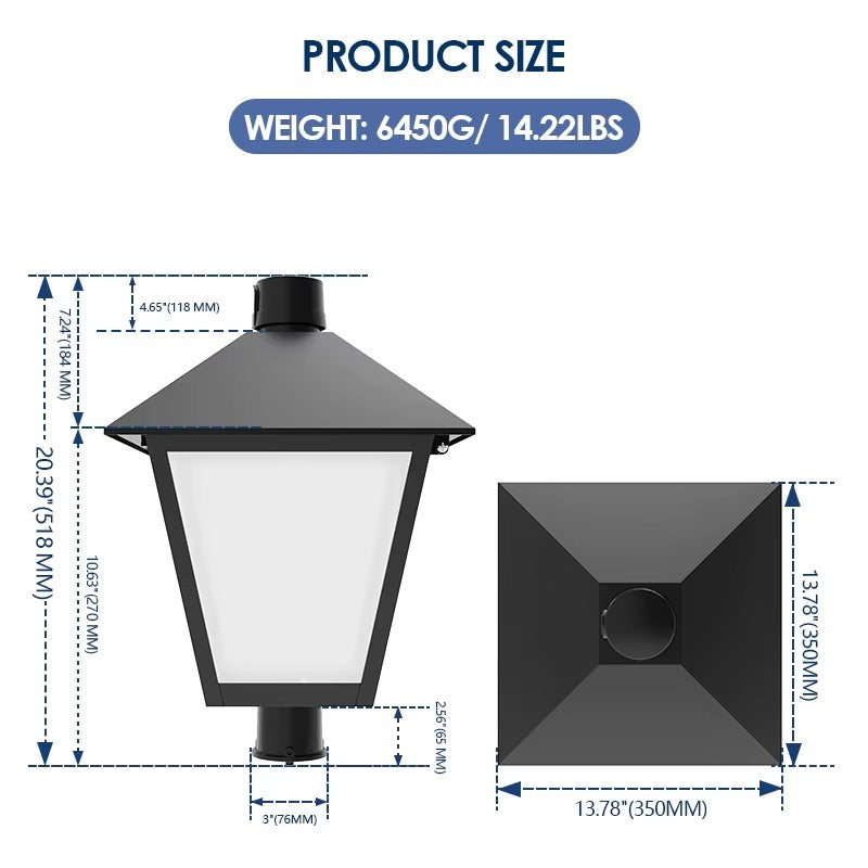 120W selectable LED lantern post top light dimensions and 3 inch pole tenon mount