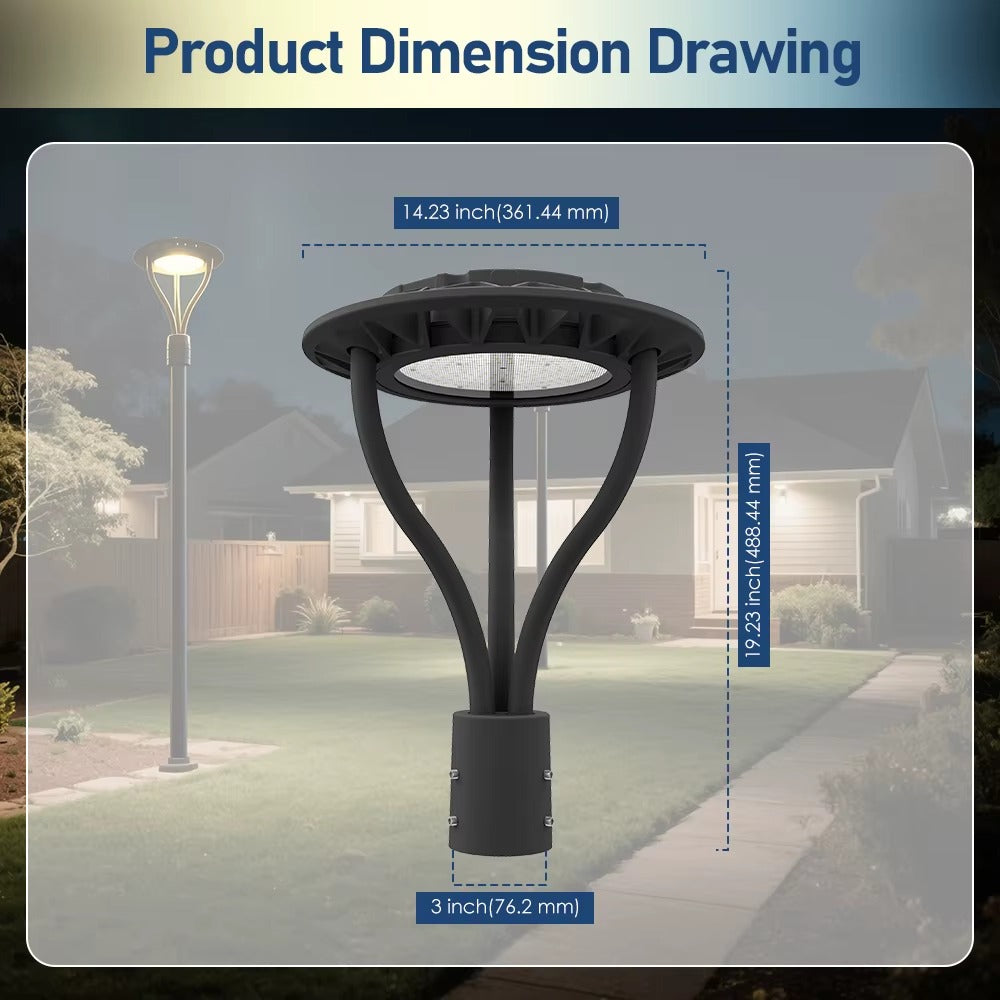 60W selectable LED post top light dimensions for a 3 inch pole tenon
