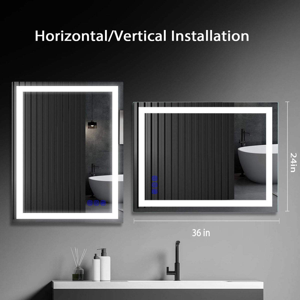 24 x 36 inch LED bathroom mirror shown in horizontal and vertical wall-mounted orientations