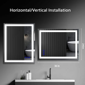 24 x 36 inch LED bathroom mirror shown in horizontal and vertical wall-mounted orientations