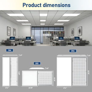 Rear and side dimension diagrams comparing 1x4, 2x2 and 2x4 LED panel lights