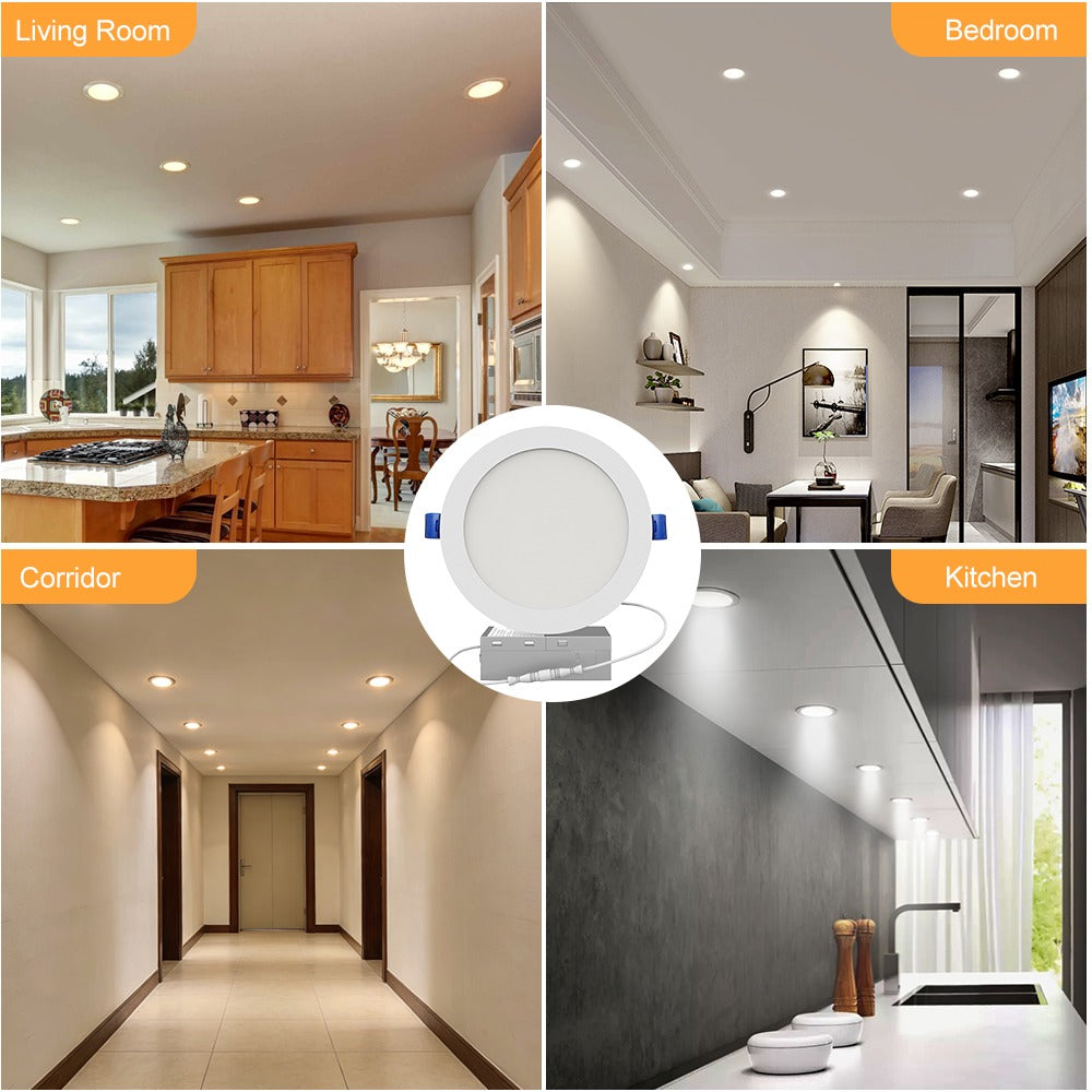 Recessed LED ceiling lighting in home interiors, including kitchens and a hallway