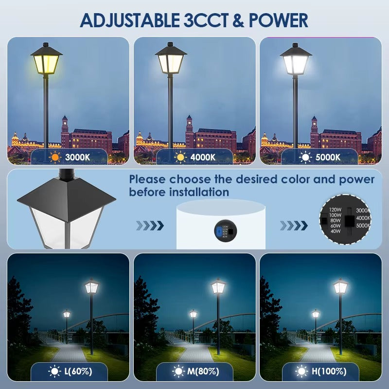 LED lantern post top light with selectable wattage and 3000K 4000K and 5000K