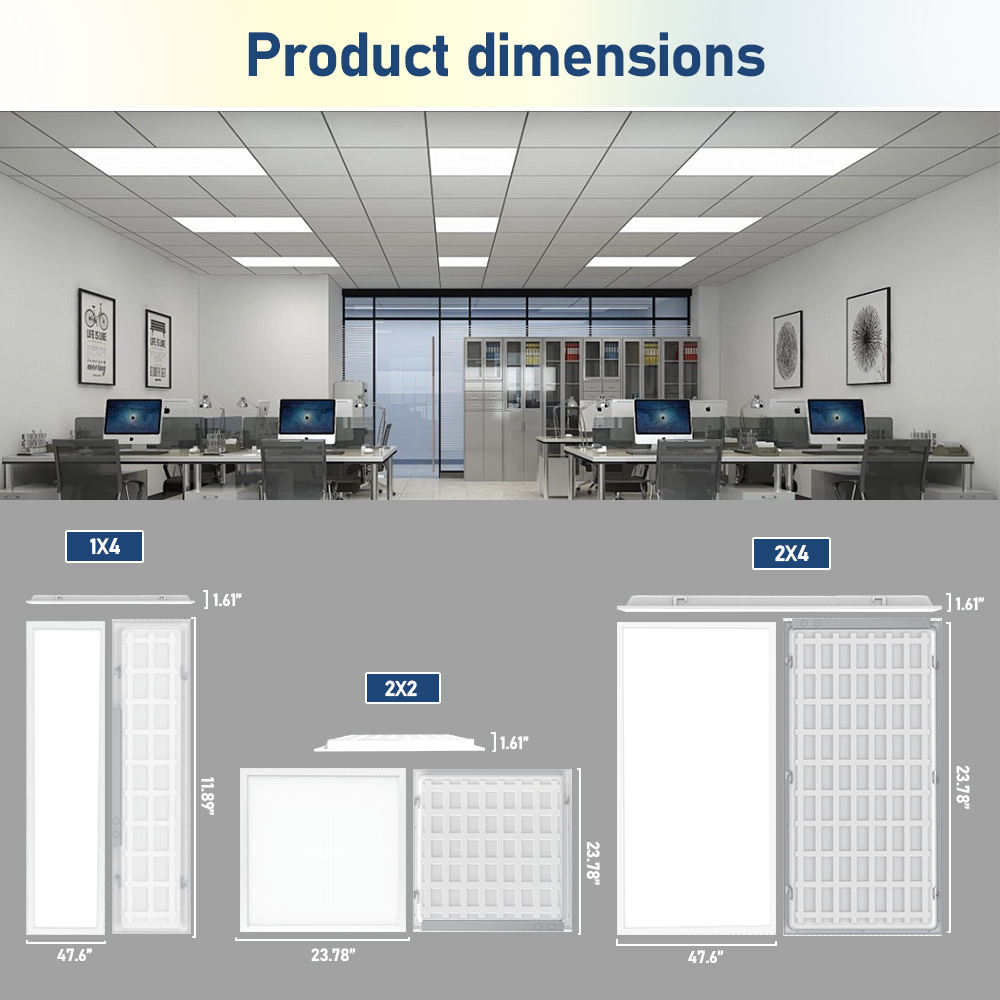 Rear and side dimension diagrams comparing 1x4, 2x2 and 2x4 LED panel lights