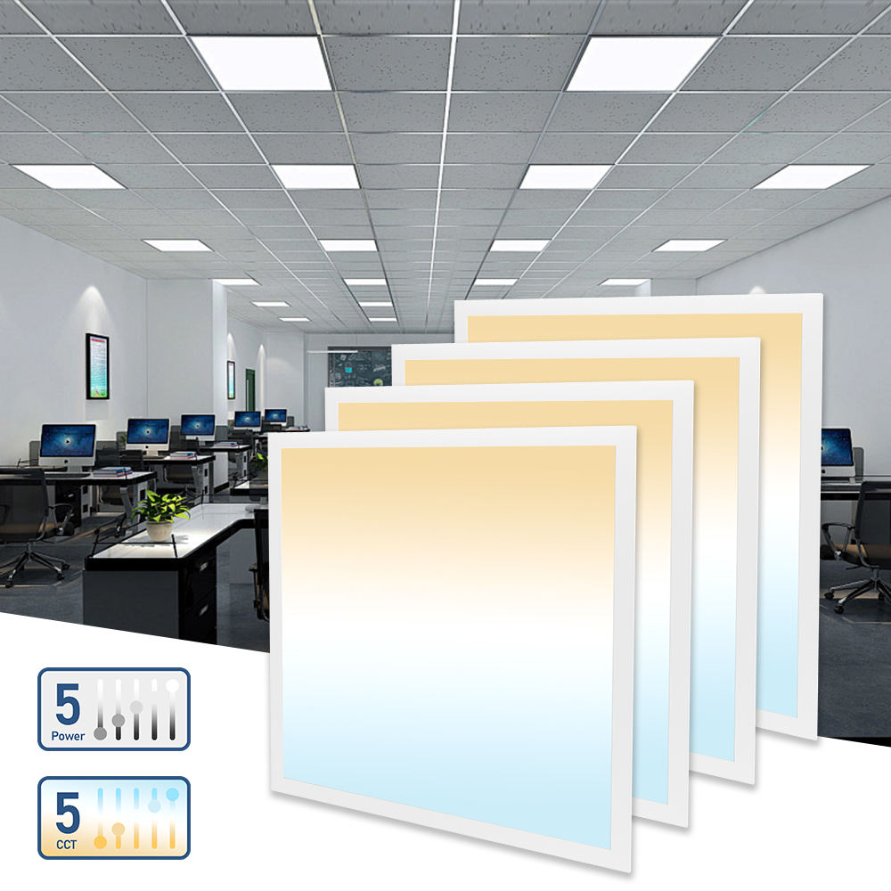 Square LED panel lights with a color temperature illustration against an illuminated office ceiling