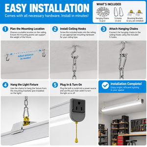 Slim 4FT LED shop light installation steps and included mounting hardware