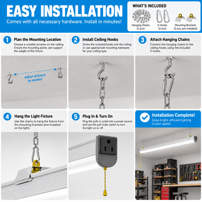 Slim 4FT LED shop light installation steps and included mounting hardware