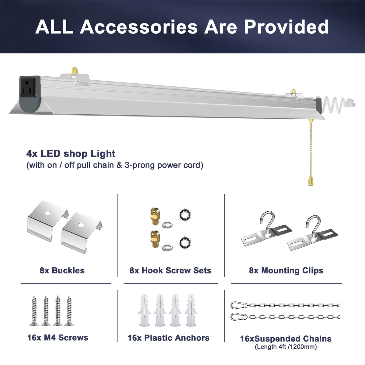 4FT LED shop light fixture with included mounting accessories