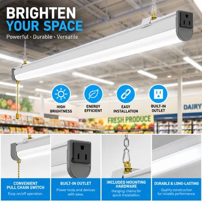 80W slim LED shop light with pull chain built-in outlet and mounting hardware