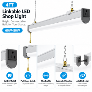 Slim 4FT linkable LED shop light outlet pull chain and suspended mounting details
