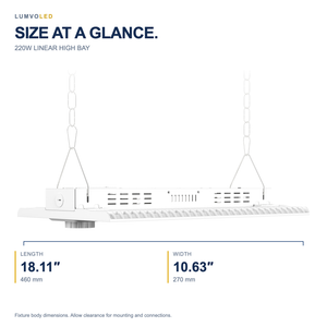 220W LINEAR HIGH BAY — fixture dimensions with large original product view