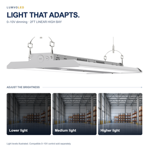 2FT LINEAR HIGH BAY — 0–10V dimming with illustrative warehouse brightness comparison