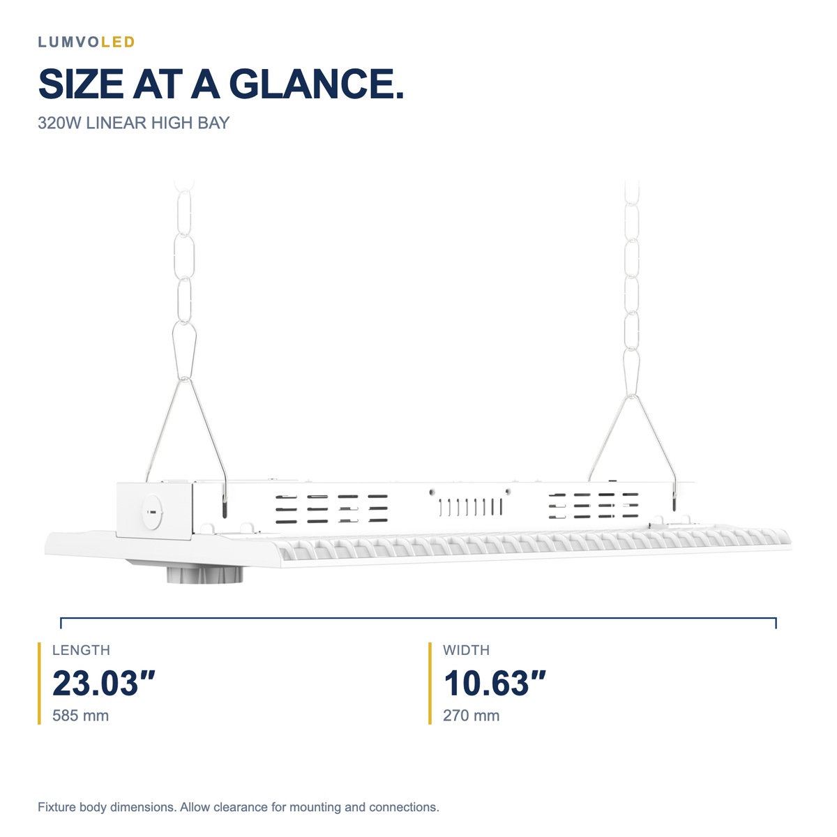 320W LINEAR HIGH BAY — fixture dimensions with large original product view