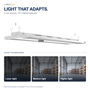 4FT LINEAR HIGH BAY — 0–10V dimming with illustrative warehouse brightness comparison