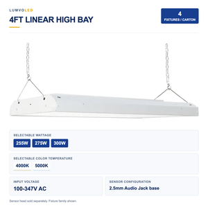 4-Pack 4ft Linear LED High Bay Light, 255-300W Selectable, 2CCT, 100-347V, 2.5mm Audio Jack Sensor Base — large original product view with confirmed configuration