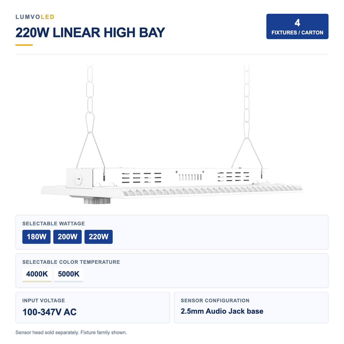 4-Pack Linear LED High Bay Light, 180-220W Selectable, 2CCT, 100-347V, 2.5mm Audio Jack Sensor Base — large original product view with confirmed configuration