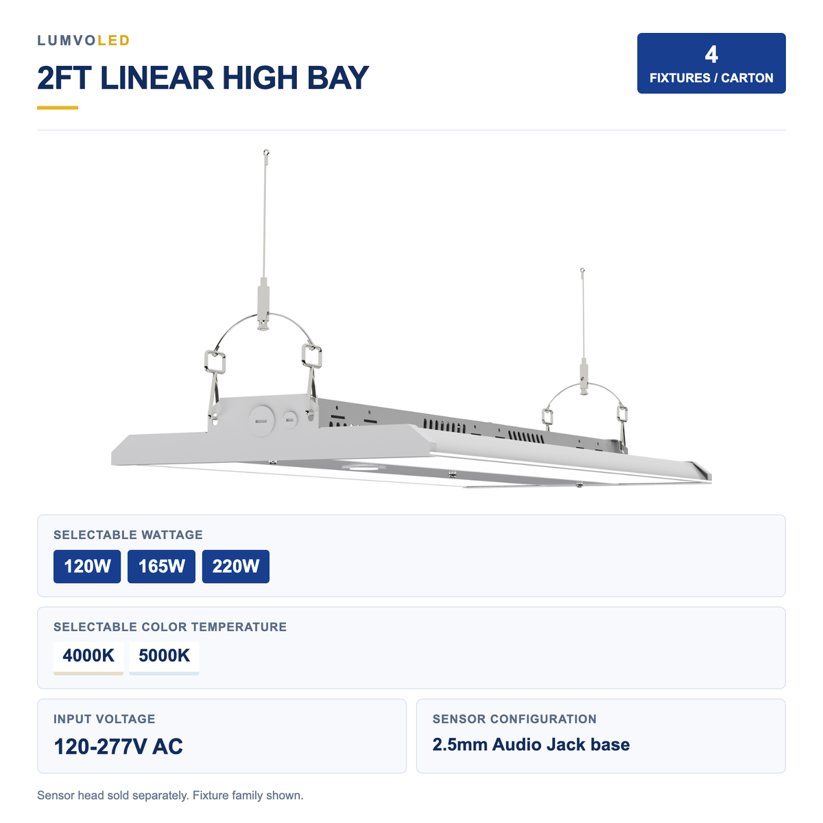 4-Pack 2ft Linear LED High Bay Light, 120-220W Selectable, 2CCT, 120-277V, 2.5mm Audio Jack Sensor Base — large original product view with confirmed configuration