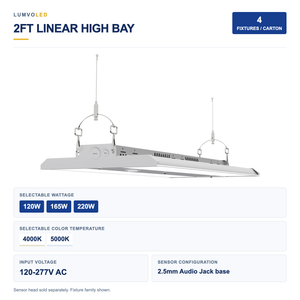 4-Pack 2ft Linear LED High Bay Light, 120-220W Selectable, 2CCT, 120-277V, 2.5mm Audio Jack Sensor Base — large original product view with confirmed configuration