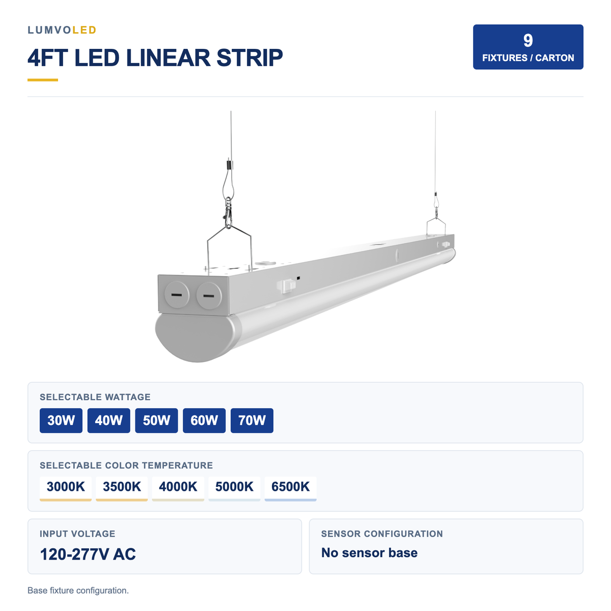 9-Pack 4ft LED Linear Strip Light, 30-70W Selectable, 5CCT, 120-277V — large original product view with confirmed configuration