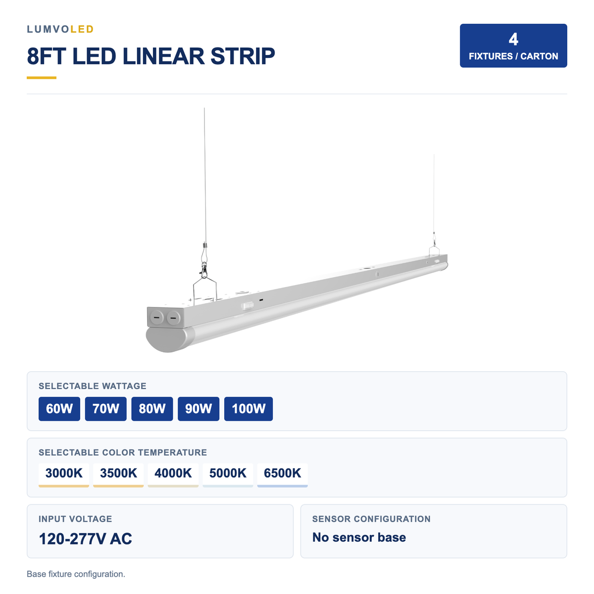 4-Pack 8ft LED Linear Strip Light, 60-100W Selectable, 5CCT, 120-277V — large original product view with confirmed configuration