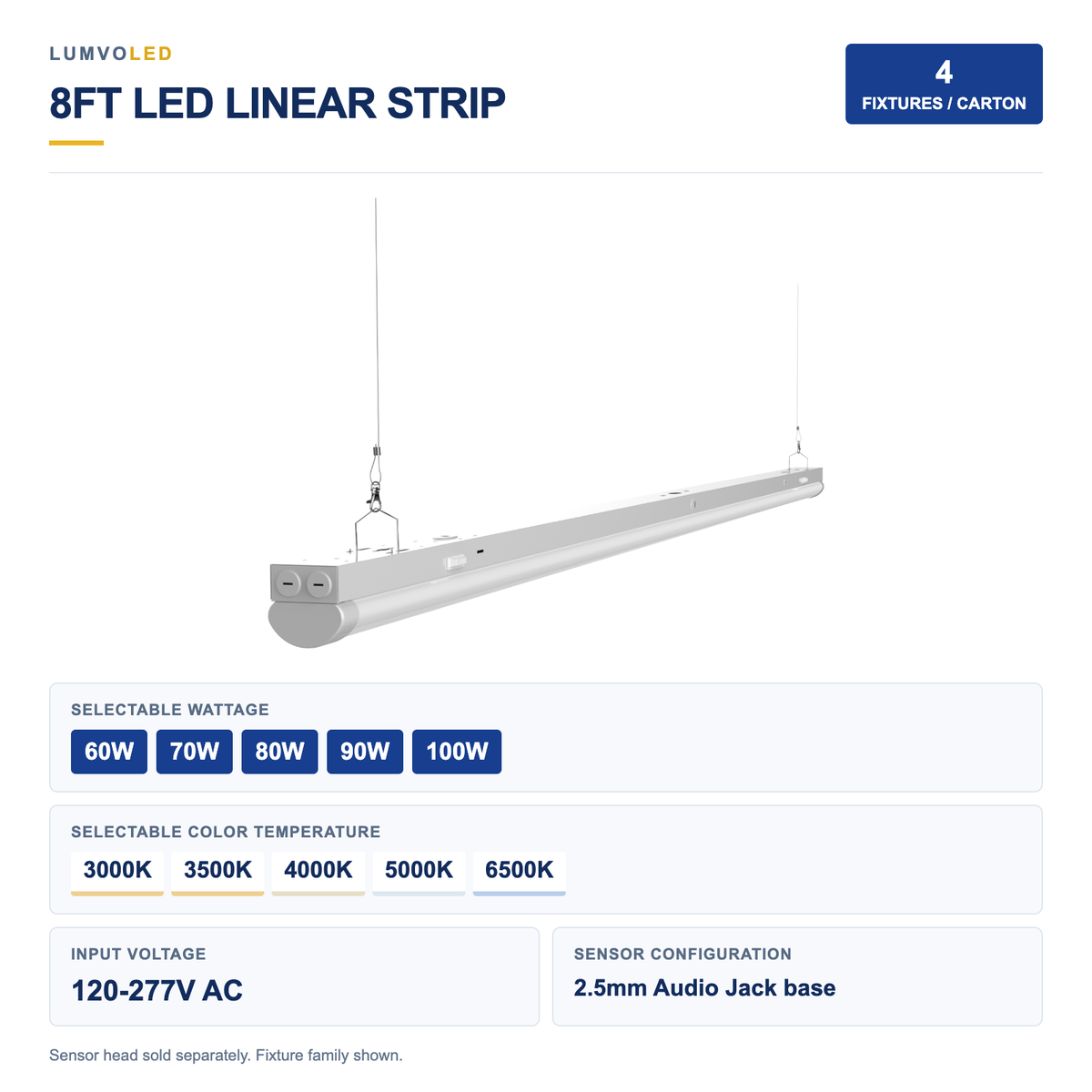 4-Pack 8ft LED Linear Strip Light, 60-100W Selectable, 5CCT, 120-277V, 2.5mm Audio Jack Sensor Base — large original product view with confirmed configuration