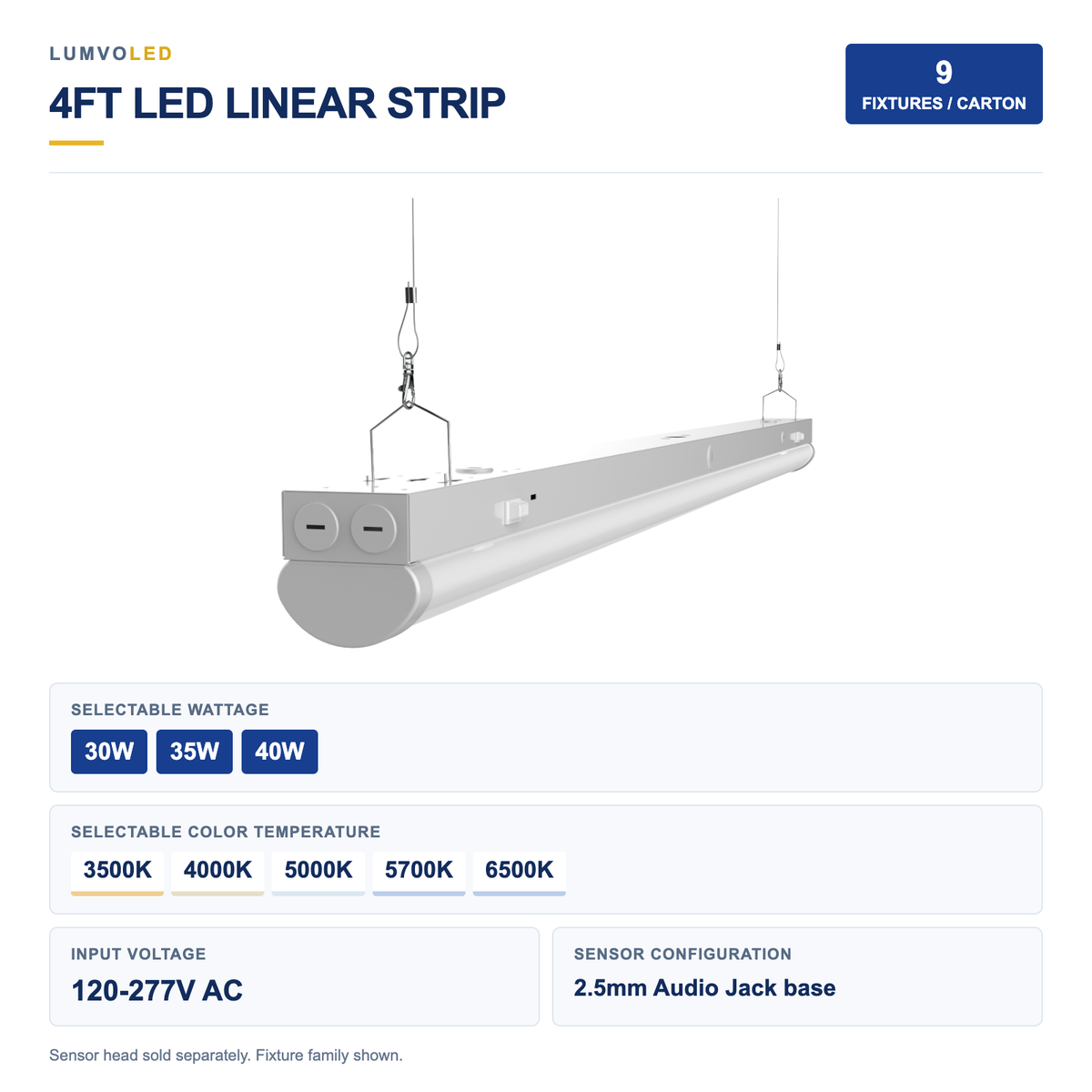 9-Pack 4ft LED Linear Strip Light, 30-40W Selectable, 5CCT, 120-277V, 2.5mm Audio Jack Sensor Base — large original product view with confirmed configuration