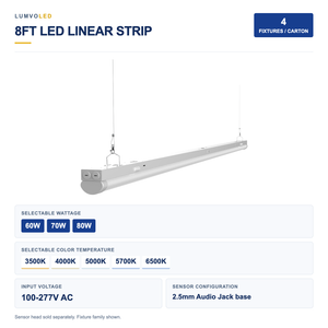 4-Pack 8ft LED Linear Strip Light, 60-80W Selectable, 5CCT, 100-277V, 2.5mm Audio Jack Sensor Base — large original product view with confirmed configuration