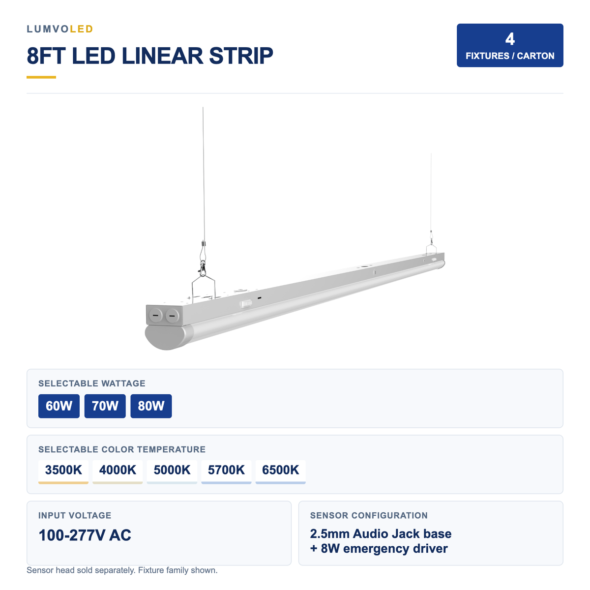 4-Pack 8ft LED Linear Strip Light, 60-80W Selectable, 5CCT, 100-277V, 8W Emergency, 2.5mm Audio Jack Sensor Base — large original product view with confirmed configuration