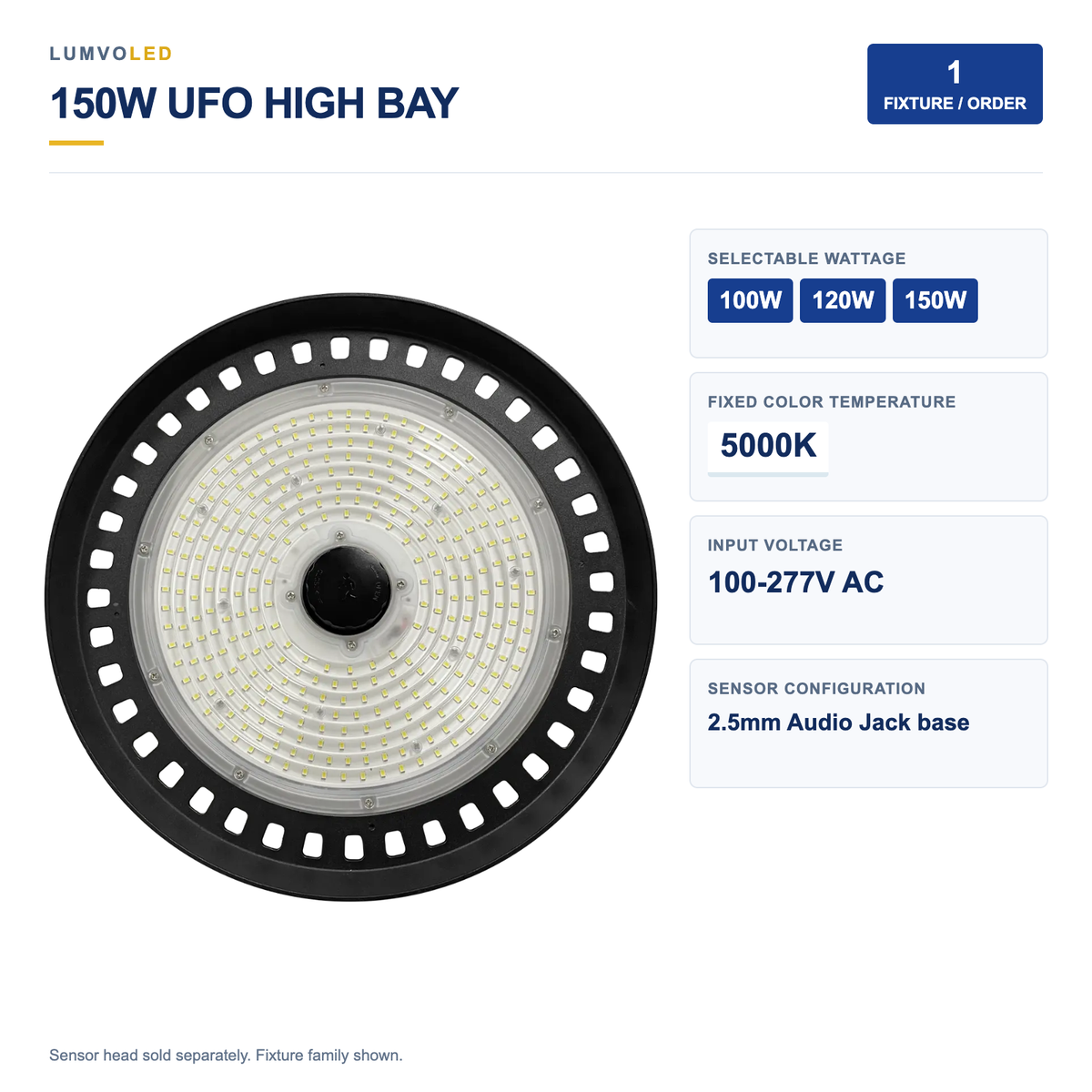 UFO LED High Bay Light, 100-150W Selectable, 5000K, 100-277V, 2.5mm Audio Jack Sensor Base — large original product view with confirmed configuration