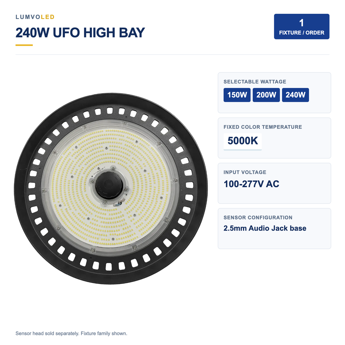 UFO LED High Bay Light, 150-240W Selectable, 5000K, 100-277V, 2.5mm Audio Jack Sensor Base — large original product view with confirmed configuration