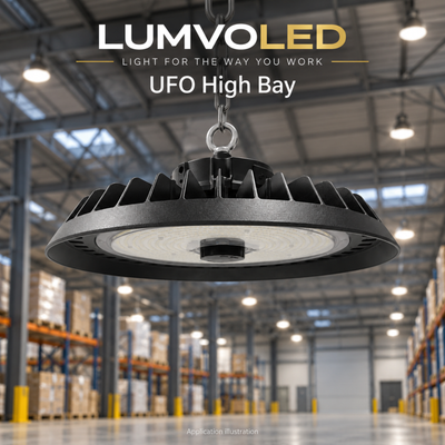 UFO high bay suspended in a warehouse — application illustration