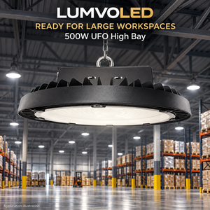 500W UFO high bay suspended in a distribution center — application illustration