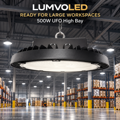500W UFO high bay suspended in a distribution center — application illustration