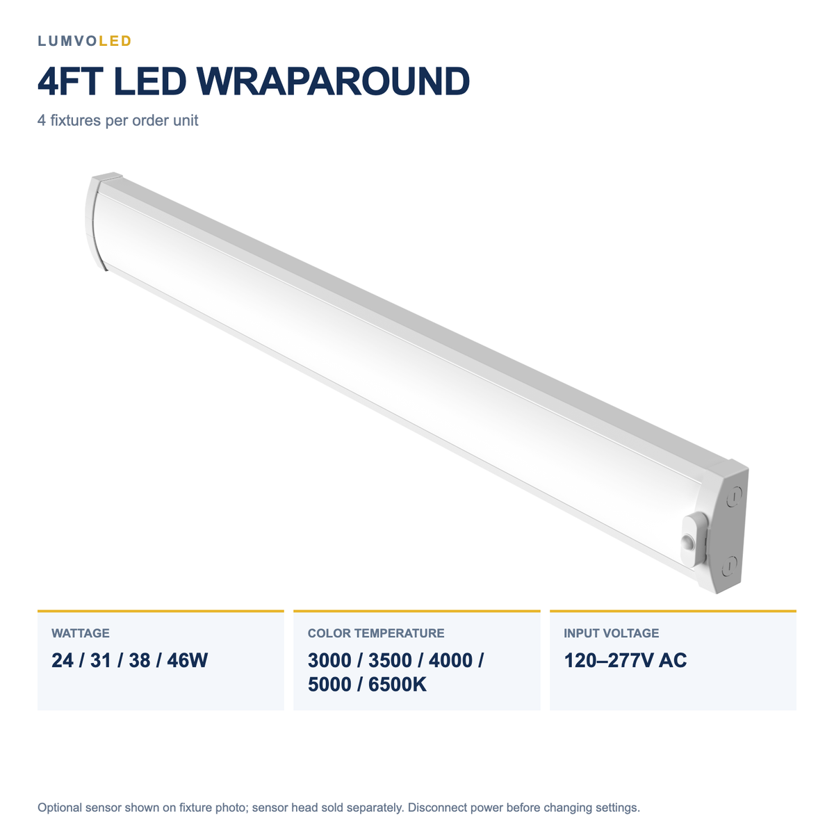 4FT LED WRAPAROUND — configuration; optional sensor shown, sold separately