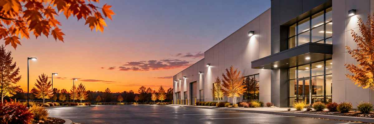 Commercial building exterior illuminated by LED lighting at autumn dusk