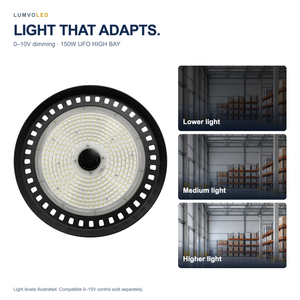 150W UFO HIGH BAY — 0–10V dimming with illustrative warehouse brightness comparison
