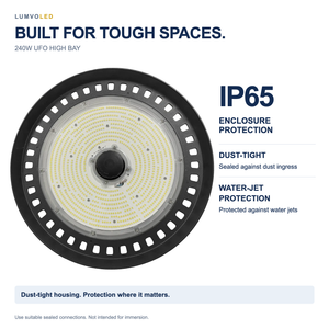 240W UFO HIGH BAY — IP65 dust-tight enclosure and water-jet protection