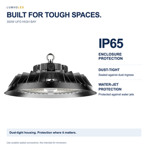300W UFO HIGH BAY — IP65 dust-tight enclosure and water-jet protection