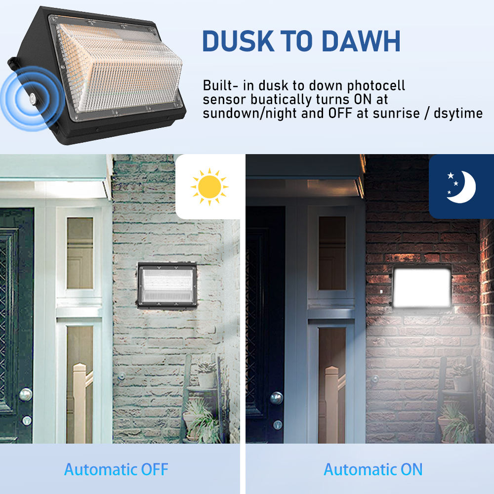 Dusk-to-dawn LED wall pack shown on exterior walls during day and night