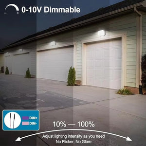 Traditional LED wall pack with 0-10V dimming installed above garage doors