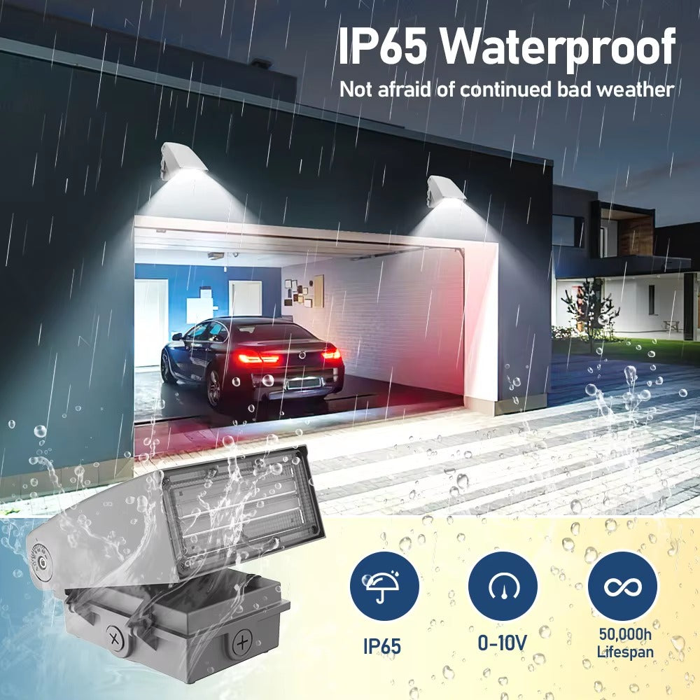 120/100/80W Adjustable LED Wall Pack, 3CCT, Photocell, 0-10V Dimmable