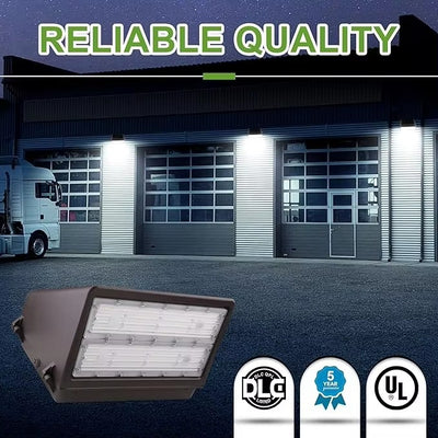 Full cutoff LED wall pack installed above commercial garage doors
