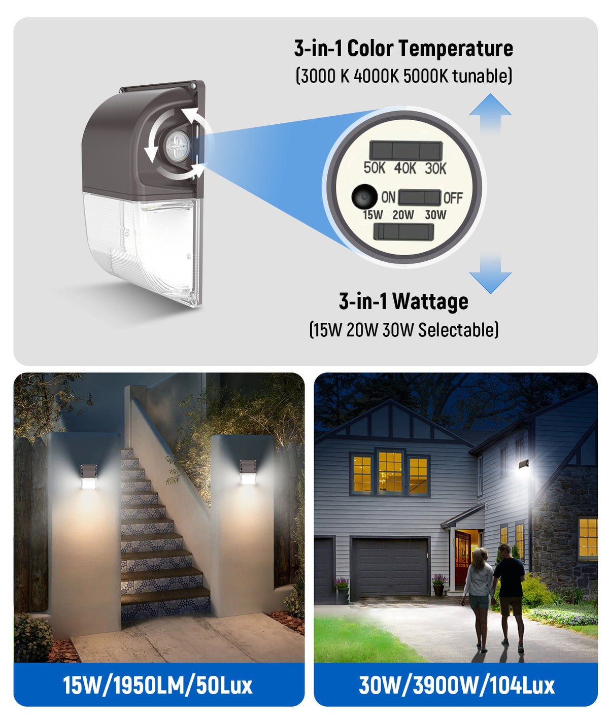 30/25/18W Mini LED Wall Pack, 3CCT, Dusk-to-Dawn Photocell